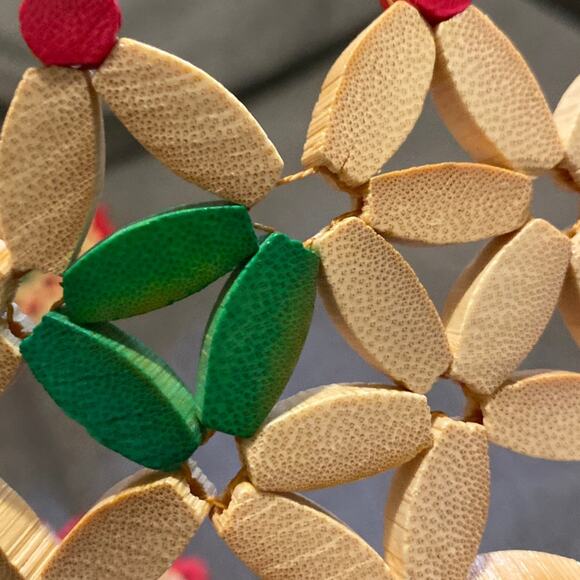 Christmas Bamboo Round Hot Plate Pads Trivets Placemats Retro Green Red MCM - Picture 10 of 12